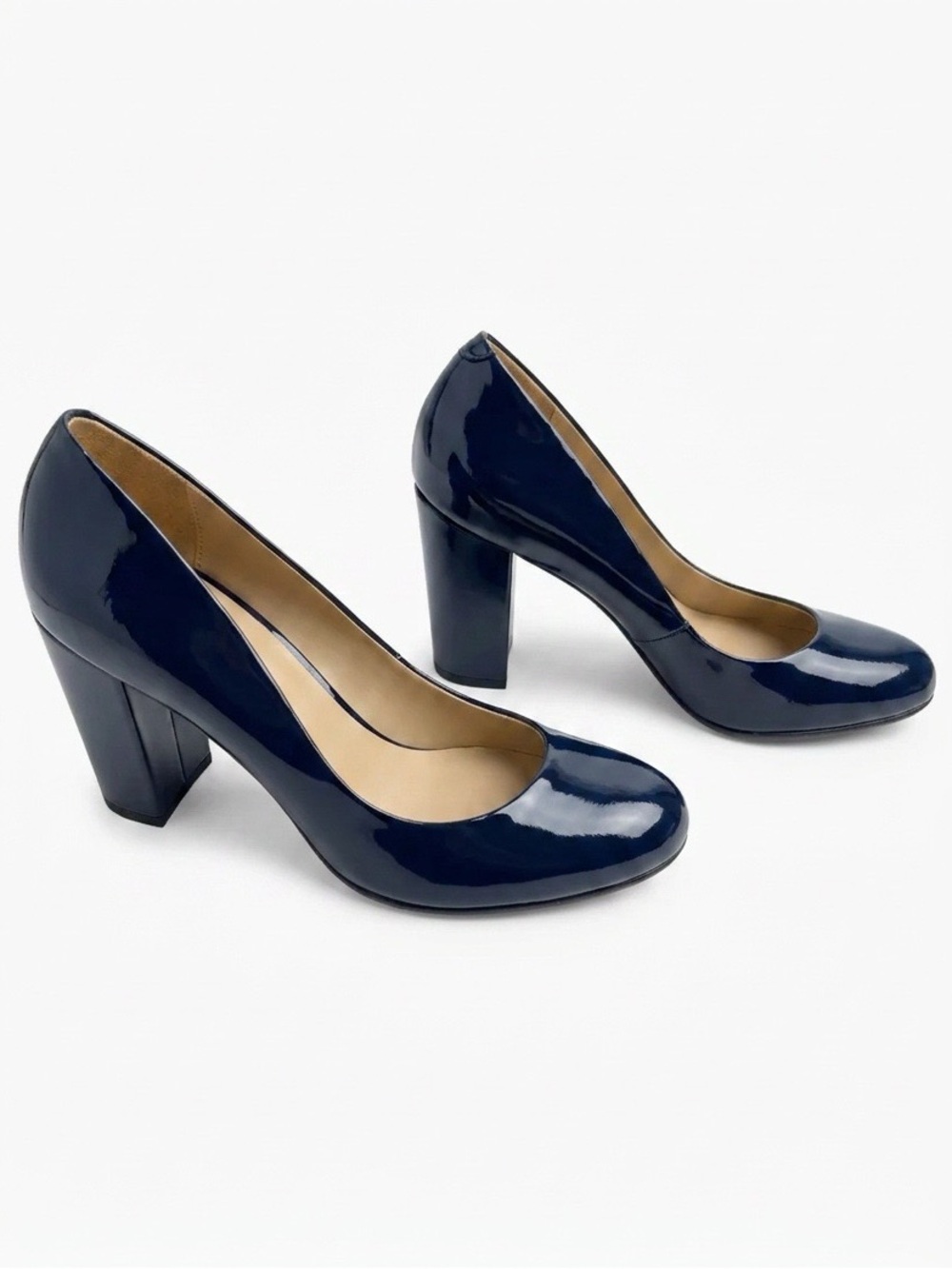 Talbots Navy Blue Patent Leather Block Heel Pumps Almond Toe - Size 9